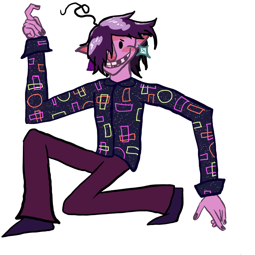 An image of Charles Horse kneeling. He is wearing a long sleeved shirt with a pattern based on an arcade floor, long pants, and earrings.